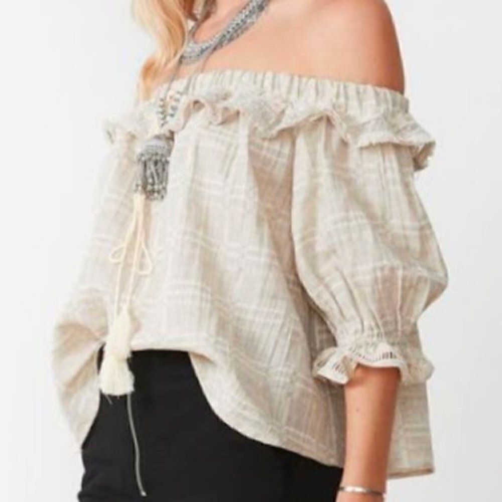Stevie May Boho Willowtop Sand Gingham Linen Top